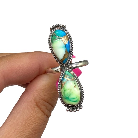 Peacock Dahlia Kingman Turquoise Ring Size 10.5 Solid 925 Sterling Silver Green - Picture 4 of 9